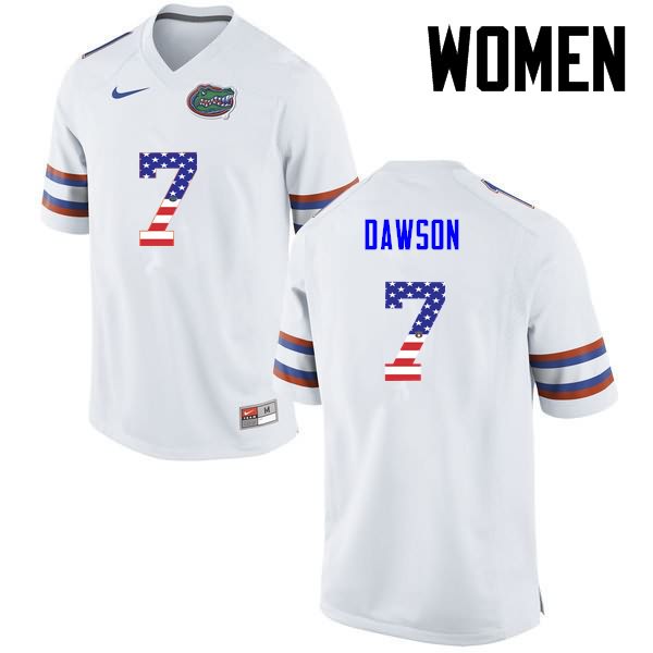 Women's NCAA Florida Gators Duke Dawson #7 Stitched Authentic USA Flag Fashion Nike White College Football Jersey AEV3265FZ